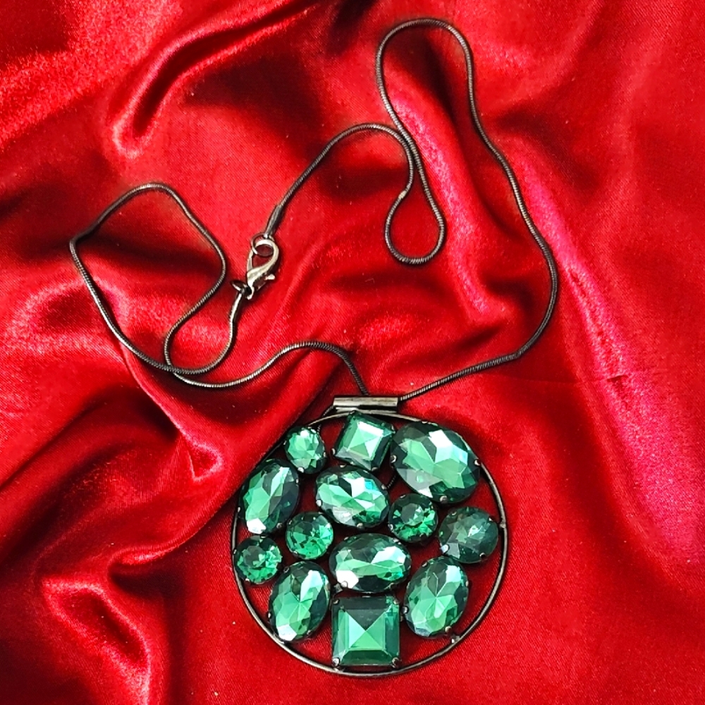 Final $ Stunning Gunmetal Necklace with Green Acrylic Stones.